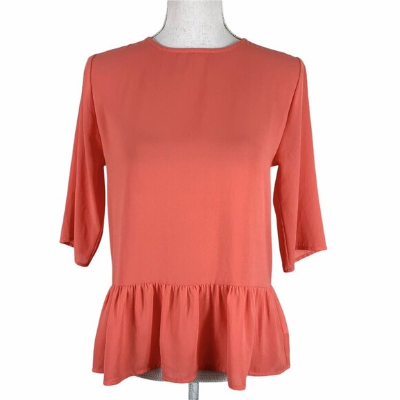 Everly Small Blouse Peplum 1/2 Sleeve Chiffon Semi Sheer Pink Coral Back Cutout - Picture 1 of 4